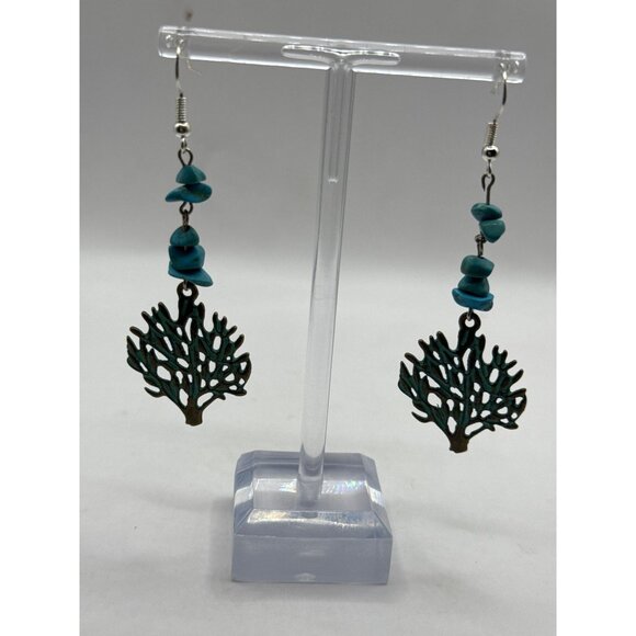 Turquoise Colored Coral Reef Drop Earrings With Brass Charms & Hooks - Picture 2 of 7
